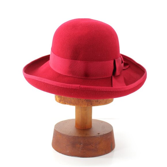 Laura Ashley Wide Brim Hat Magenta Wool Vintage Grosgrain Bow Great Britain 22.5 - Picture 4 of 14